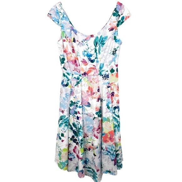 Calvin Klein White & Colorful Floral Formal Midi Dress Size 8 Beautiful